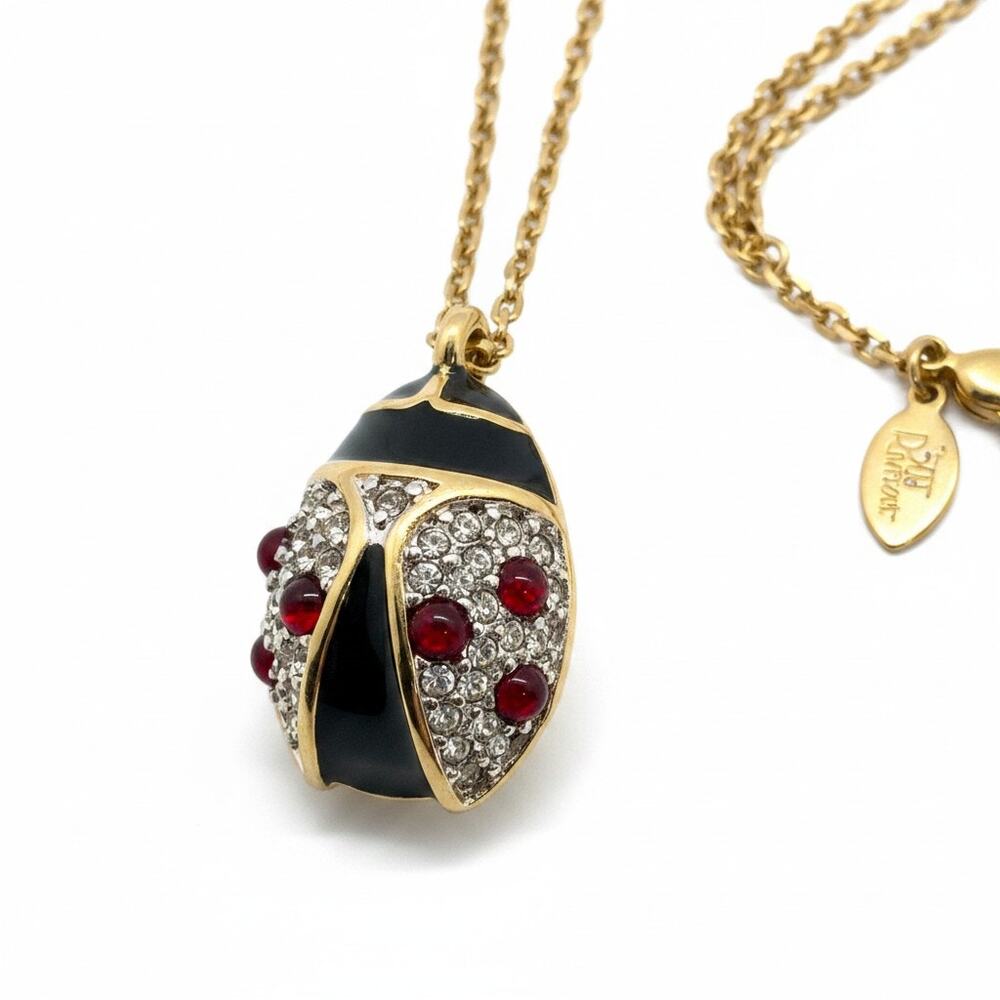 Joan Rivers Ladybug Pendant Necklace-Gold Tone-Rhinestone-Enamel-Vintage-Opera